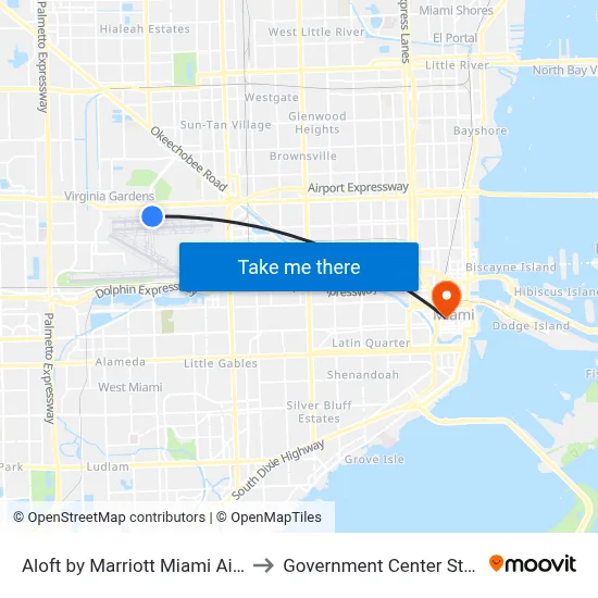Aloft by Marriott Miami Airport to Government Center Station map