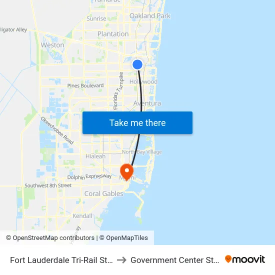 Fort Lauderdale Tri-Rail Station to Government Center Station map