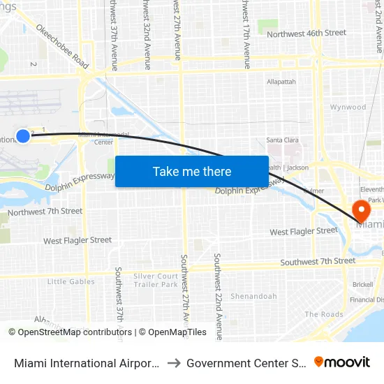 Miami International Airport Hotel to Government Center Station map