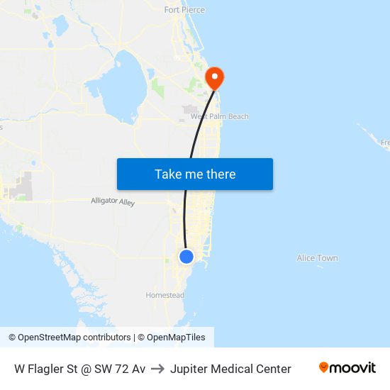 W Flagler St @ SW 72 Av to Jupiter Medical Center map