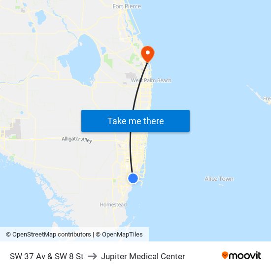 SW 37 Av & SW 8 St to Jupiter Medical Center map