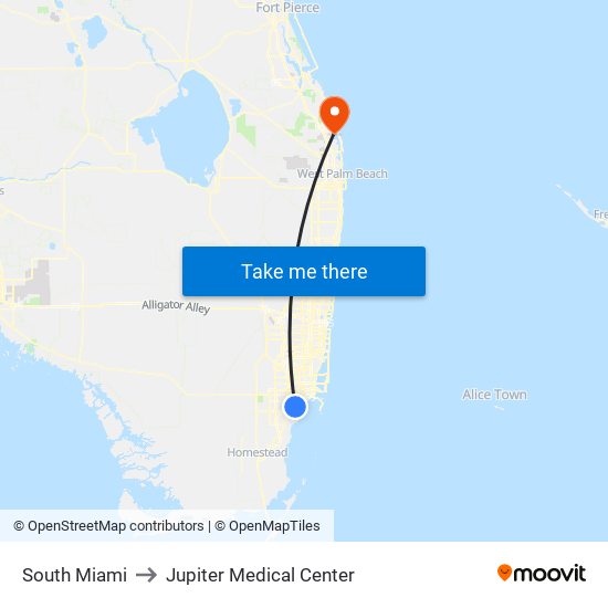 South Miami to Jupiter Medical Center map