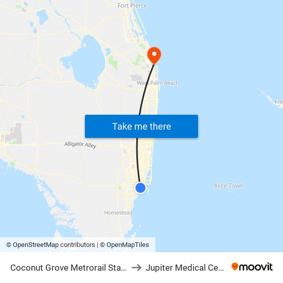 Coconut Grove Metrorail Station to Jupiter Medical Center map