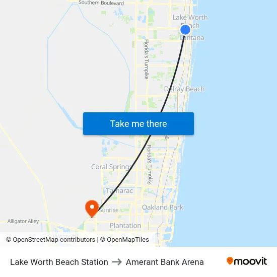 Lake Worth Beach Station to Amerant Bank Arena map