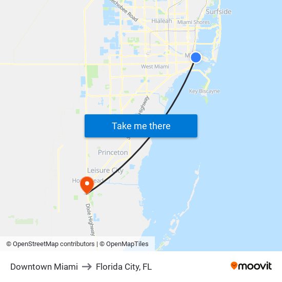 Downtown Miami to Florida City, FL map