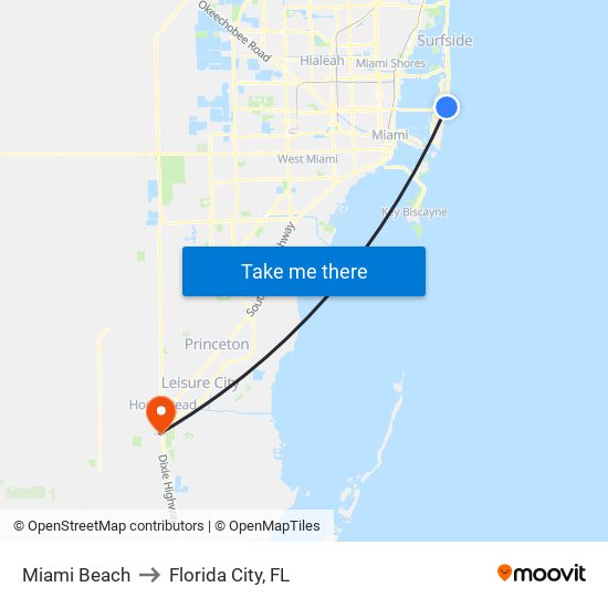 Miami Beach to Florida City, FL map