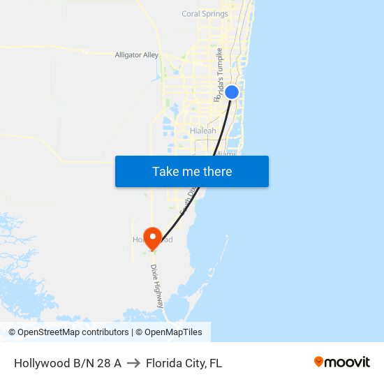 Hollywood B/N 28 A to Florida City, FL map