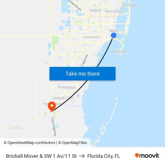 Brickell Mover & SW 1 Av/11 St to Florida City, FL map