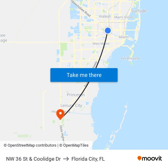 NW 36 St & Coolidge Dr to Florida City, FL map