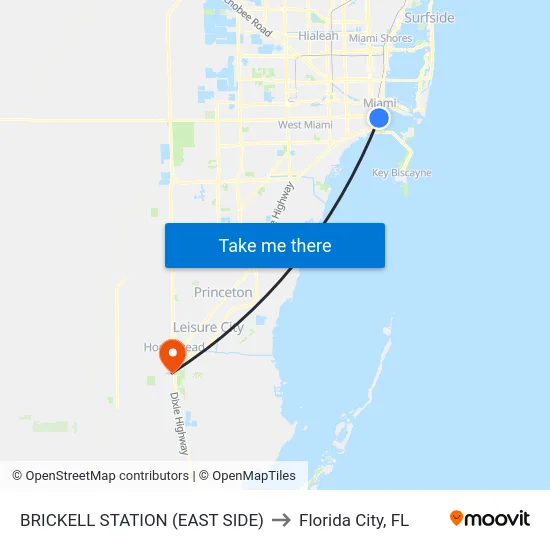 Brickell Station (East Side) to Florida City, FL map