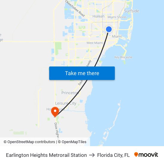 Earlington Heights Metrorail Station to Florida City, FL map