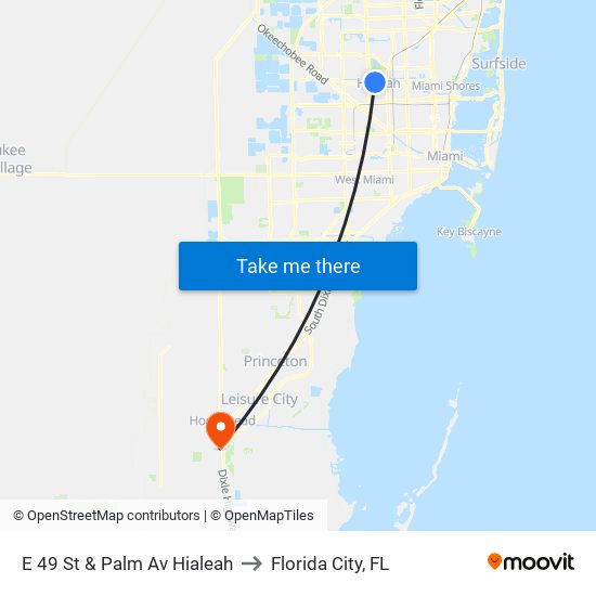 E 49 St & Palm Av Hialeah to Florida City, FL map