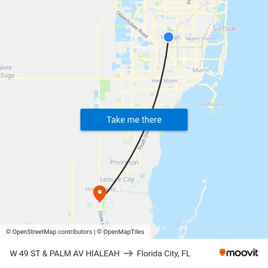 W 49 St & Palm Av Hialeah to Florida City, FL map