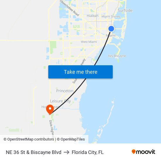 NE 36 St & Biscayne Blvd to Florida City, FL map