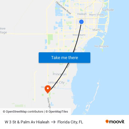 W 3 St & Palm Av Hialeah to Florida City, FL map