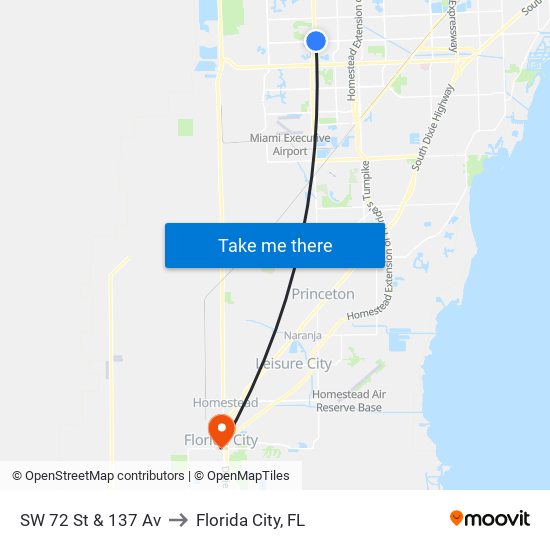 SW 72 St & 137 Av to Florida City, FL map