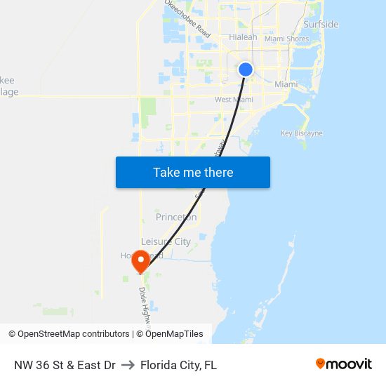 NW 36 St & East Dr to Florida City, FL map