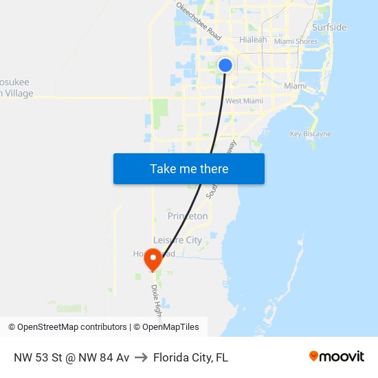 NW 53 St @ NW 84 Av to Florida City, FL map