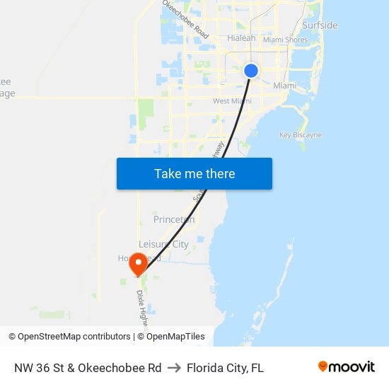 NW 36 St & Okeechobee Rd to Florida City, FL map