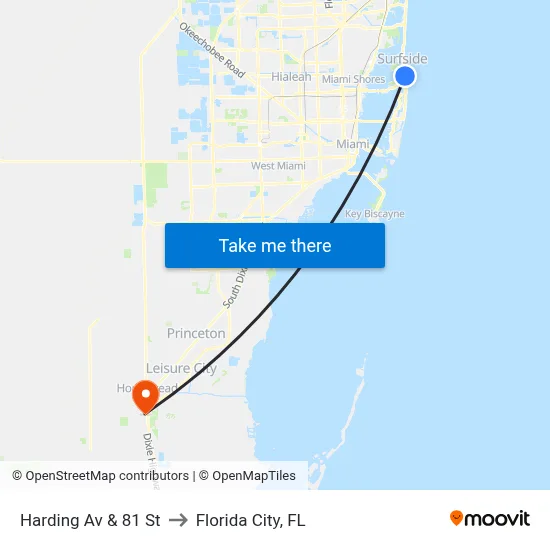 Harding Av & 81 St to Florida City, FL map