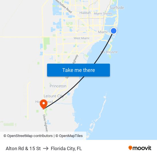 Alton Rd & 15 St to Florida City, FL map