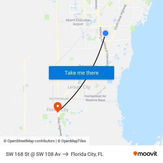 SW 168 St @ SW 108 Av to Florida City, FL map