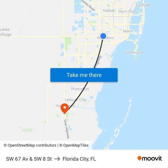 SW 67 Av & SW 8 St to Florida City, FL map