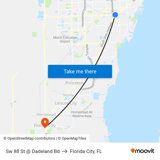 Sw 88 St @ Dadeland Bd to Florida City, FL map