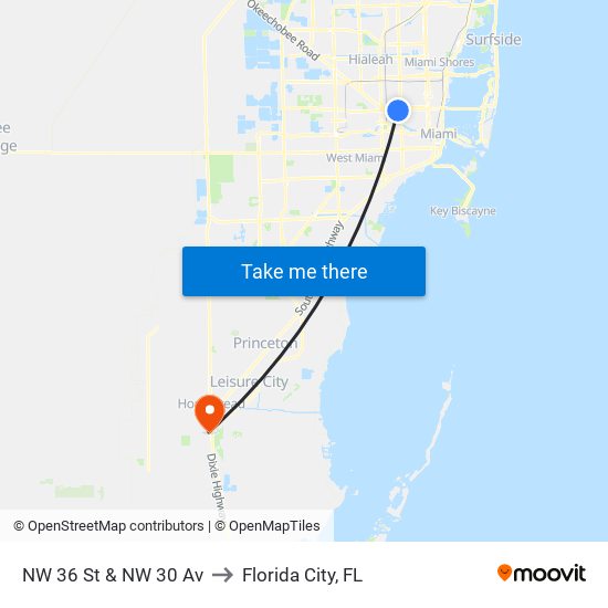 NW 36 St & NW 30 Av to Florida City, FL map