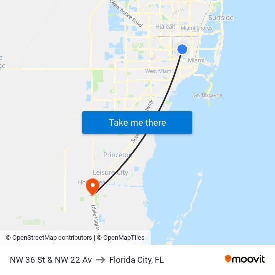 NW 36 St & NW 22 Av to Florida City, FL map