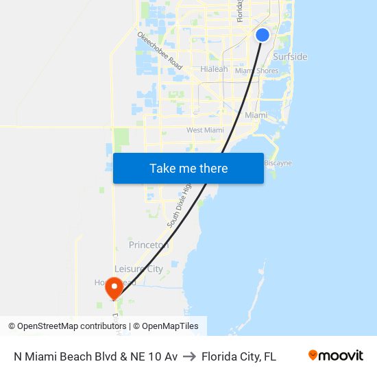 N Miami Beach Blvd & NE 10 Av to Florida City, FL map