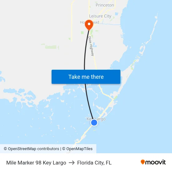 Mile Marker 98 Key Largo to Florida City, FL map