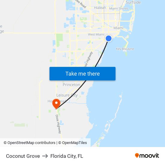 Coconut Grove to Florida City, FL map