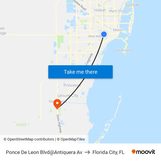 Ponce De Leon Blvd@Antiquera Av to Florida City, FL map
