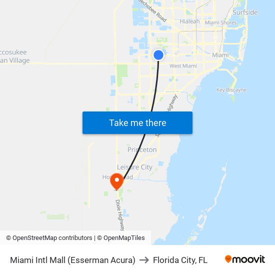 Miami Intl Mall (Esserman Acura) to Florida City, FL map