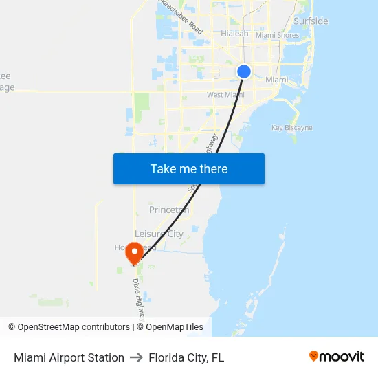 Miami Airport Station to Florida City, FL map