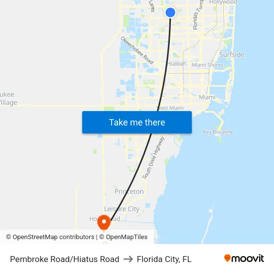 Pembroke Road/Hiatus Road to Florida City, FL map