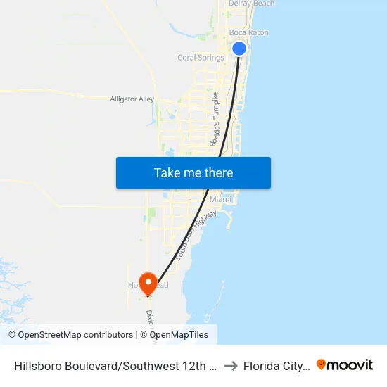 Hillsboro Boulevard/Southwest 12th Avenue to Florida City, FL map