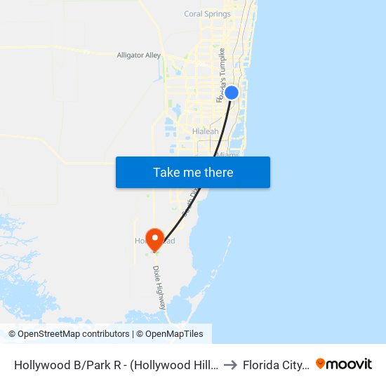 Hollywood B/Park R - (Hollywood Hills P&R) to Florida City, FL map