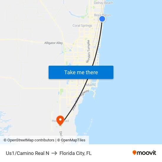Us1/Camino Real N to Florida City, FL map