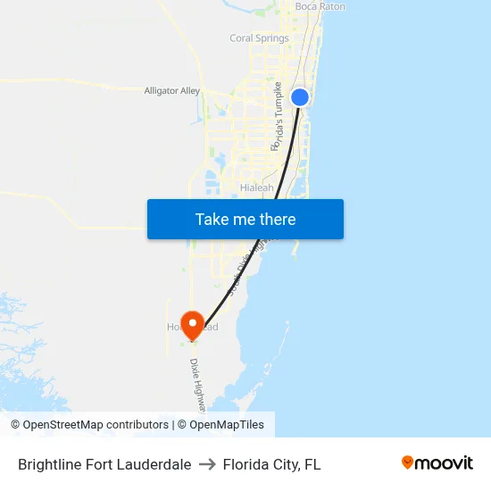 Brightline Fort Lauderdale to Florida City, FL map