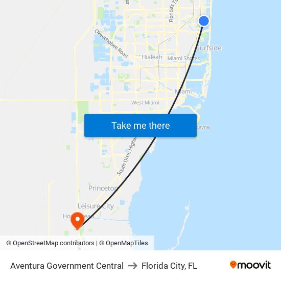Aventura Government Central to Florida City, FL map