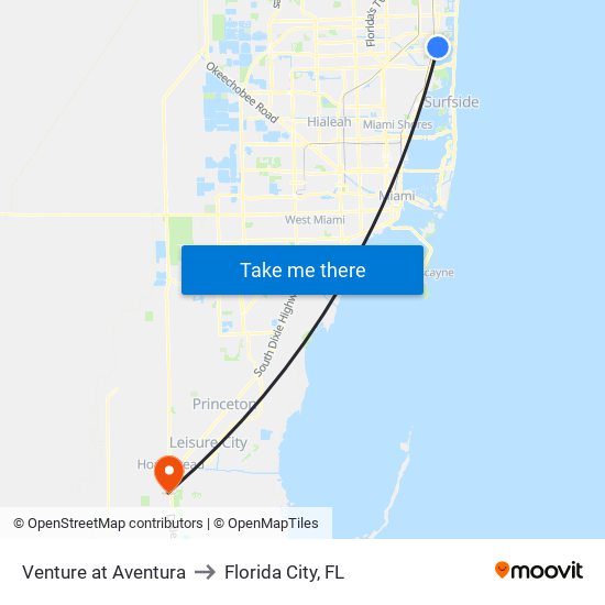 Venture at Aventura to Florida City, FL map