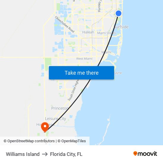 Williams Island to Florida City, FL map
