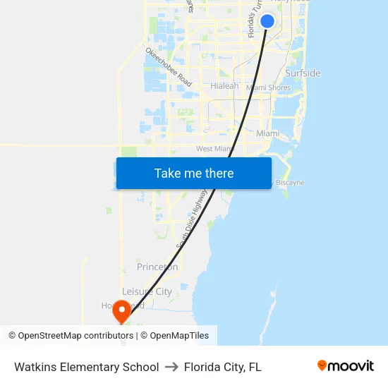 Watkins Elementary School to Florida City, FL map