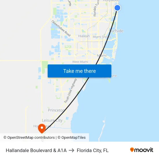 Hallandale Boulevard & A1A to Florida City, FL map