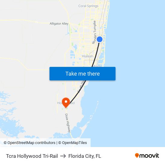 TCRA Hollywood Tri-Rail to Florida City, FL map