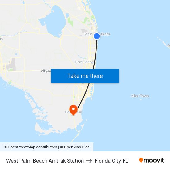 West Palm Beach Amtrak Station to Florida City, FL map