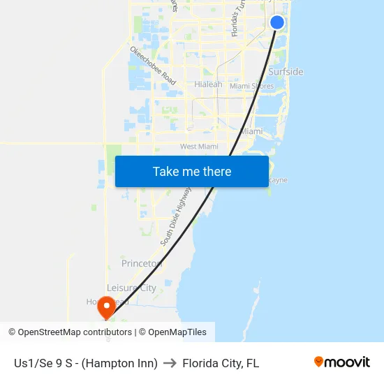 Us1/Se 9 S - (Hampton Inn) to Florida City, FL map