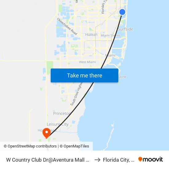 W Country Club Dr@Aventura Mall Ent to Florida City, FL map